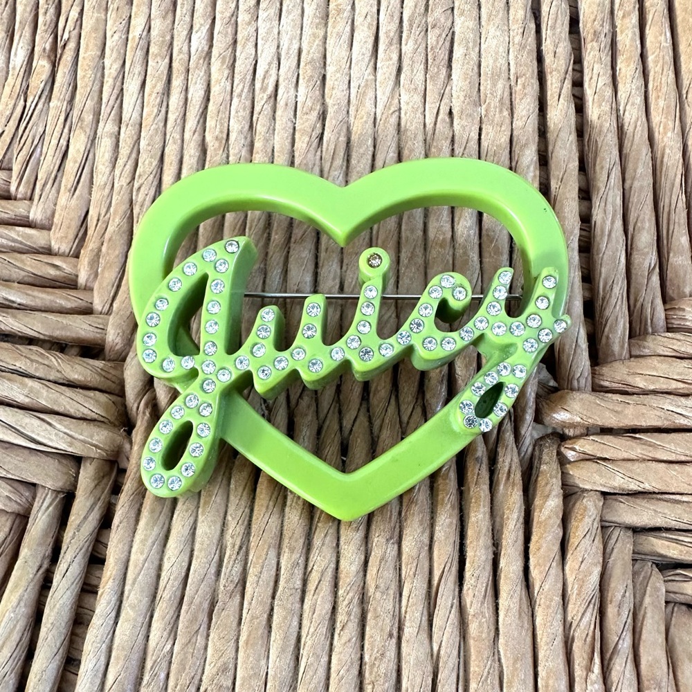 Rare Juicy Couture Rhinestone Heart Brooch Pin Green Betsey Johnson.